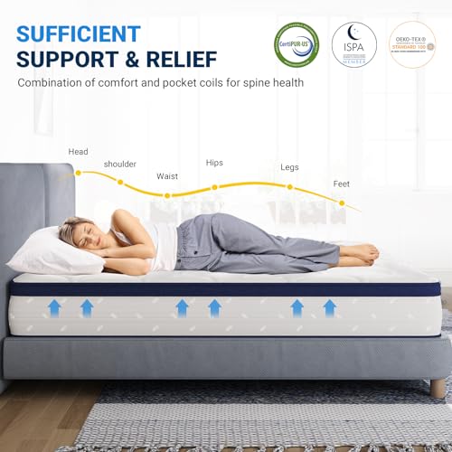 Queen Mattress, 12 Inch Hybrid Bed in a Box with Comfort Foam & Pocket Coils, Pressure Relief & Motion Isolation