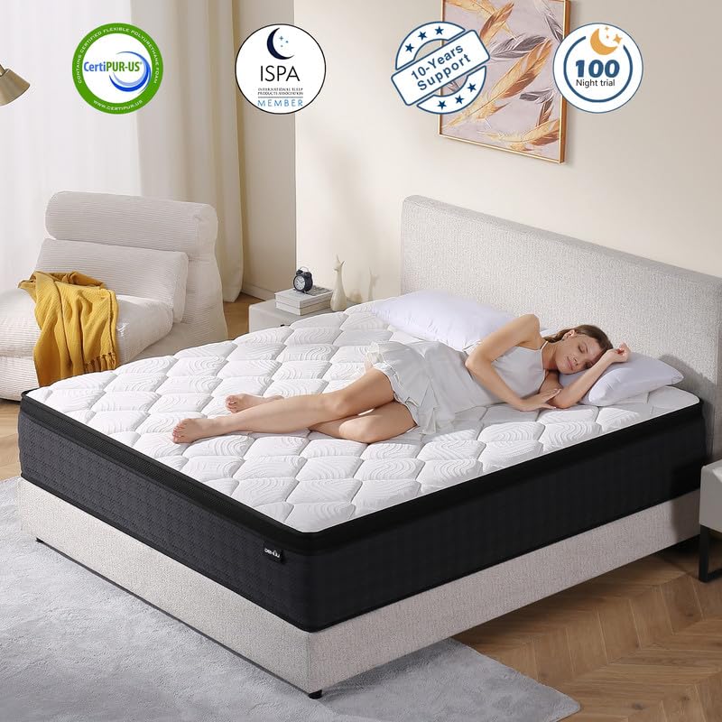 10 Inch Queen Size Hybrid Memory Foam Mattress in a Box, Medium Firm Bed for Pressure Relief, CertiPUR-US Certified