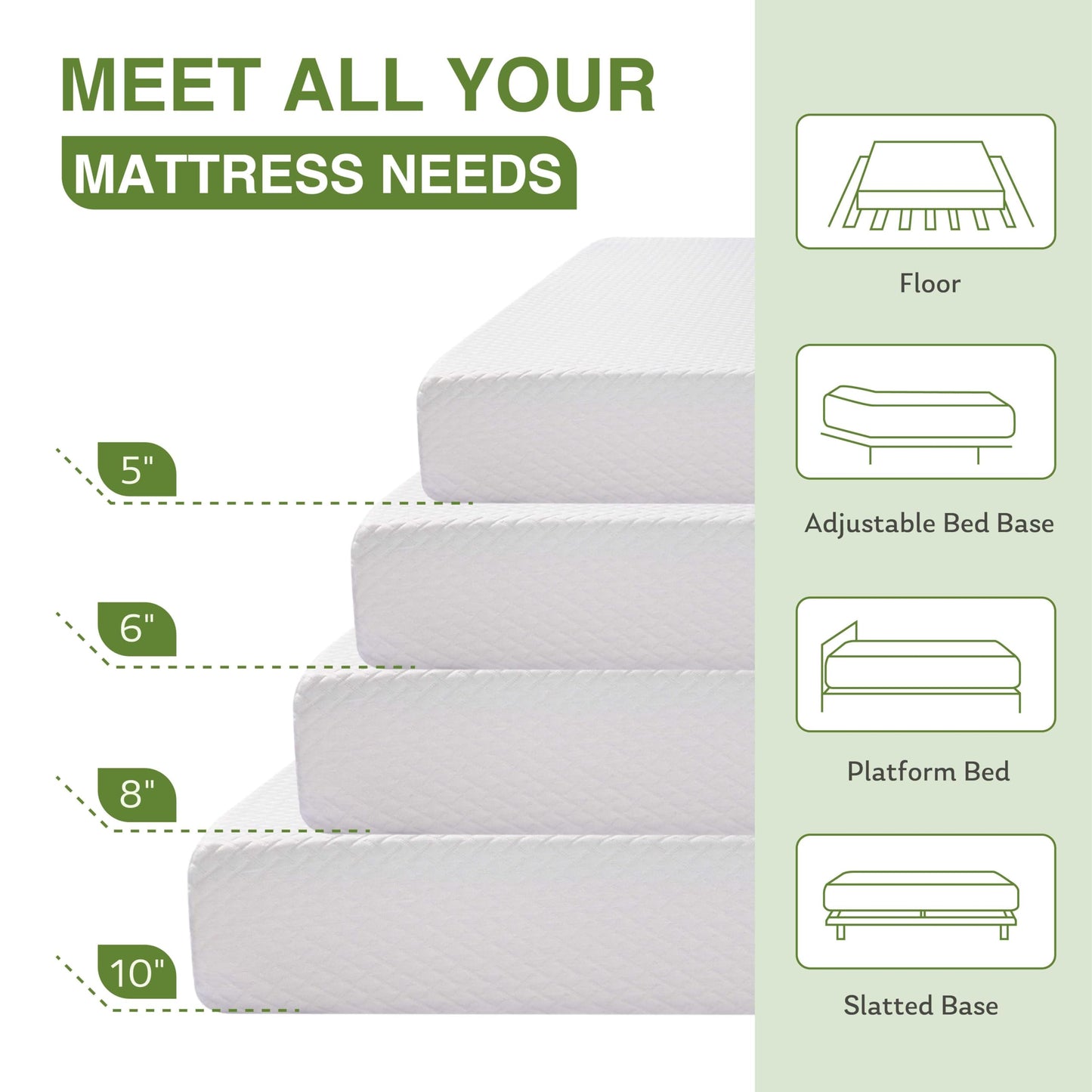 6 Inch Full Size Kids Mattress, Memory Foam Bed with Cooling Green Tea Gel, Medium Firm Support, White, 75'' x 54''