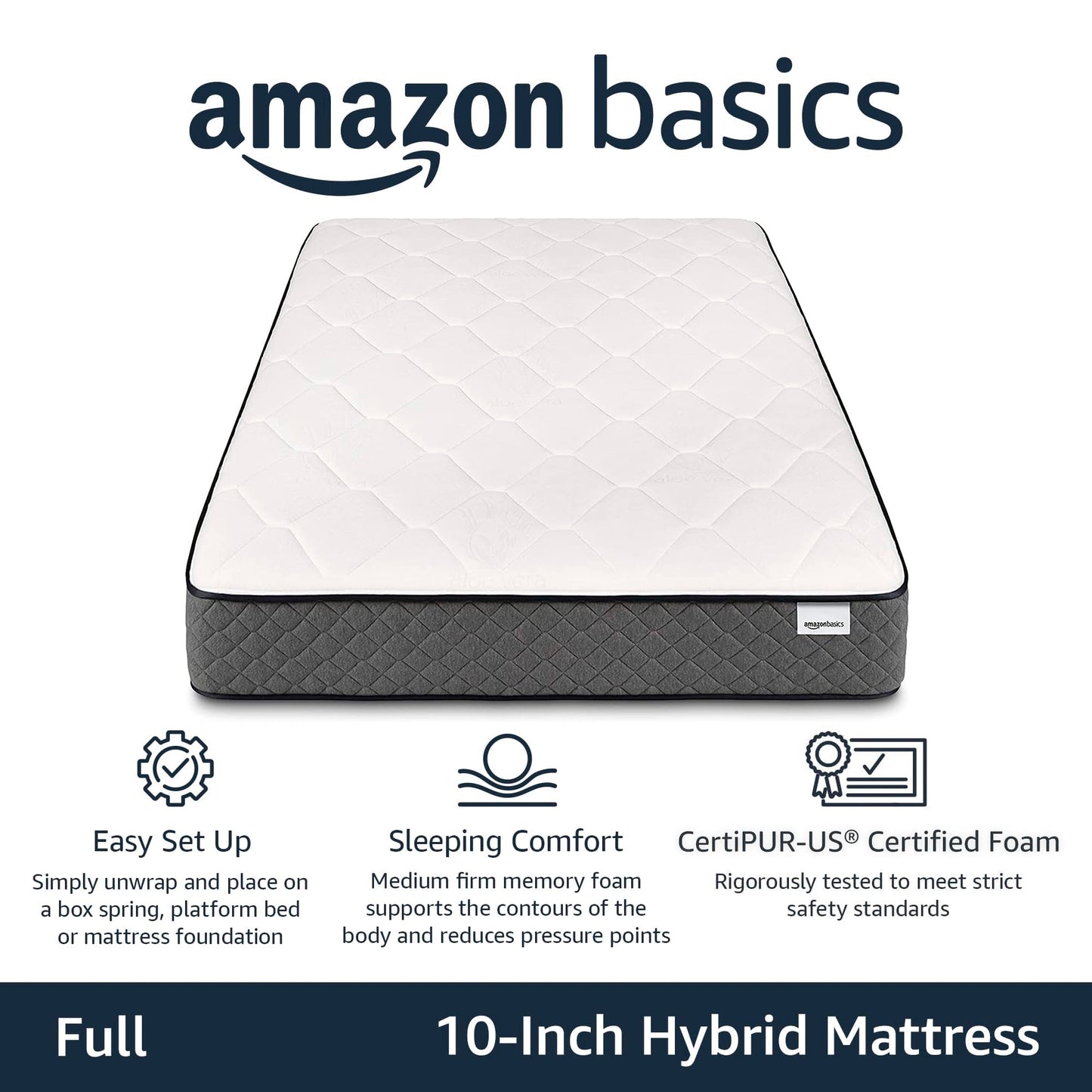 Full Mattress, 10 Inch Hybrid Memory Foam Bed in a Box, Medium Feel with Motion Isolation Springs, White/Gray