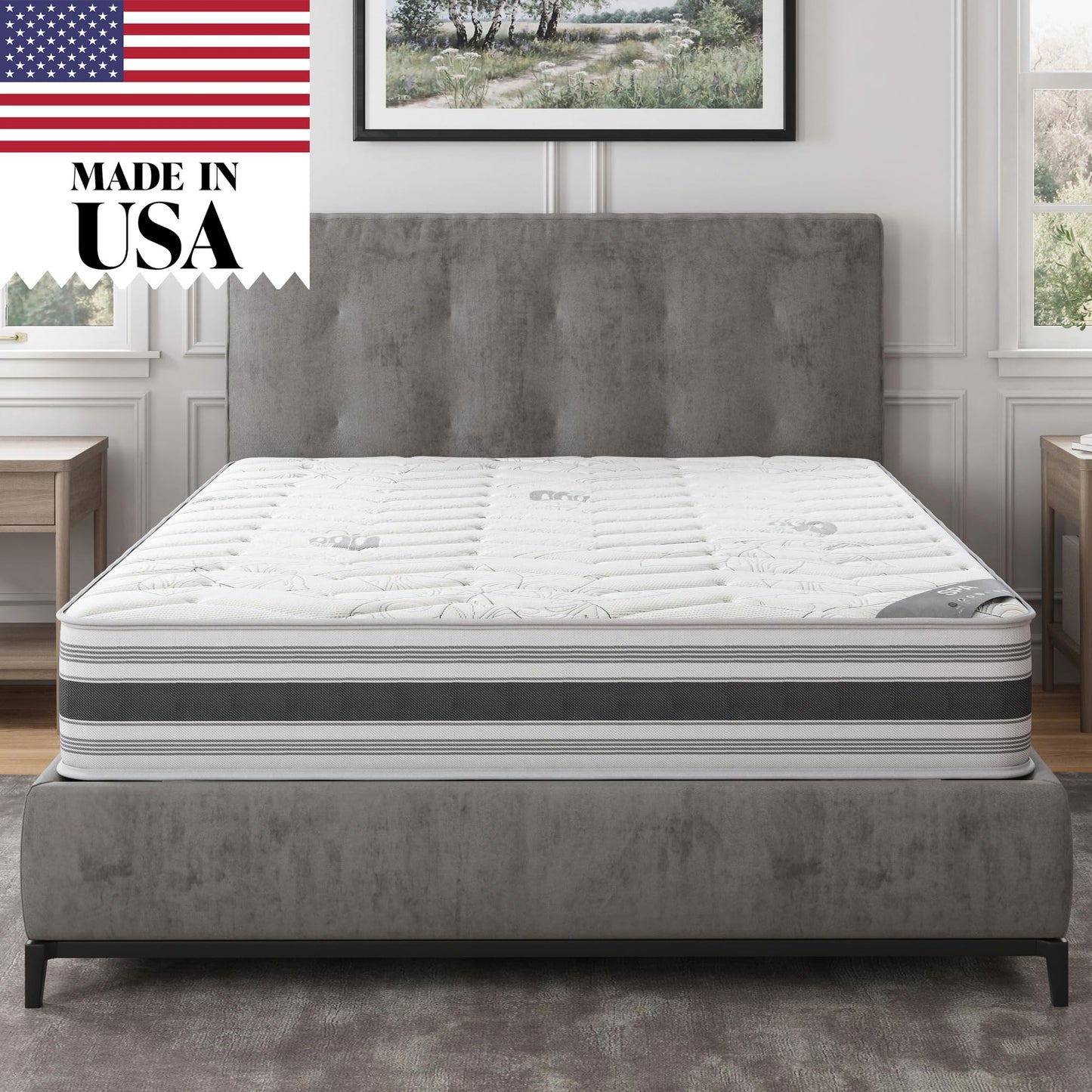 13 Inch Queen Size Eurotop Hybrid Mattress in a Box, Medium Firm Bed with Premium Quilted Cover, Made in USA, Fiberglass-Free