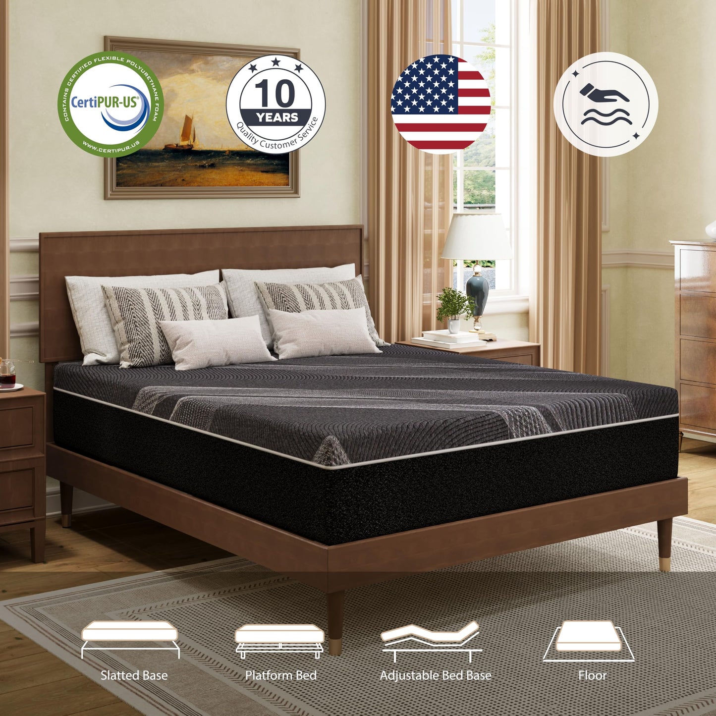 10 Inch Full Size Charcoal Gel Memory Foam Mattress in a Box, Medium Bed, Cooling, CertiPUR-US Certified, Fiberglass-Free, Made in USA, 75" × 54"
