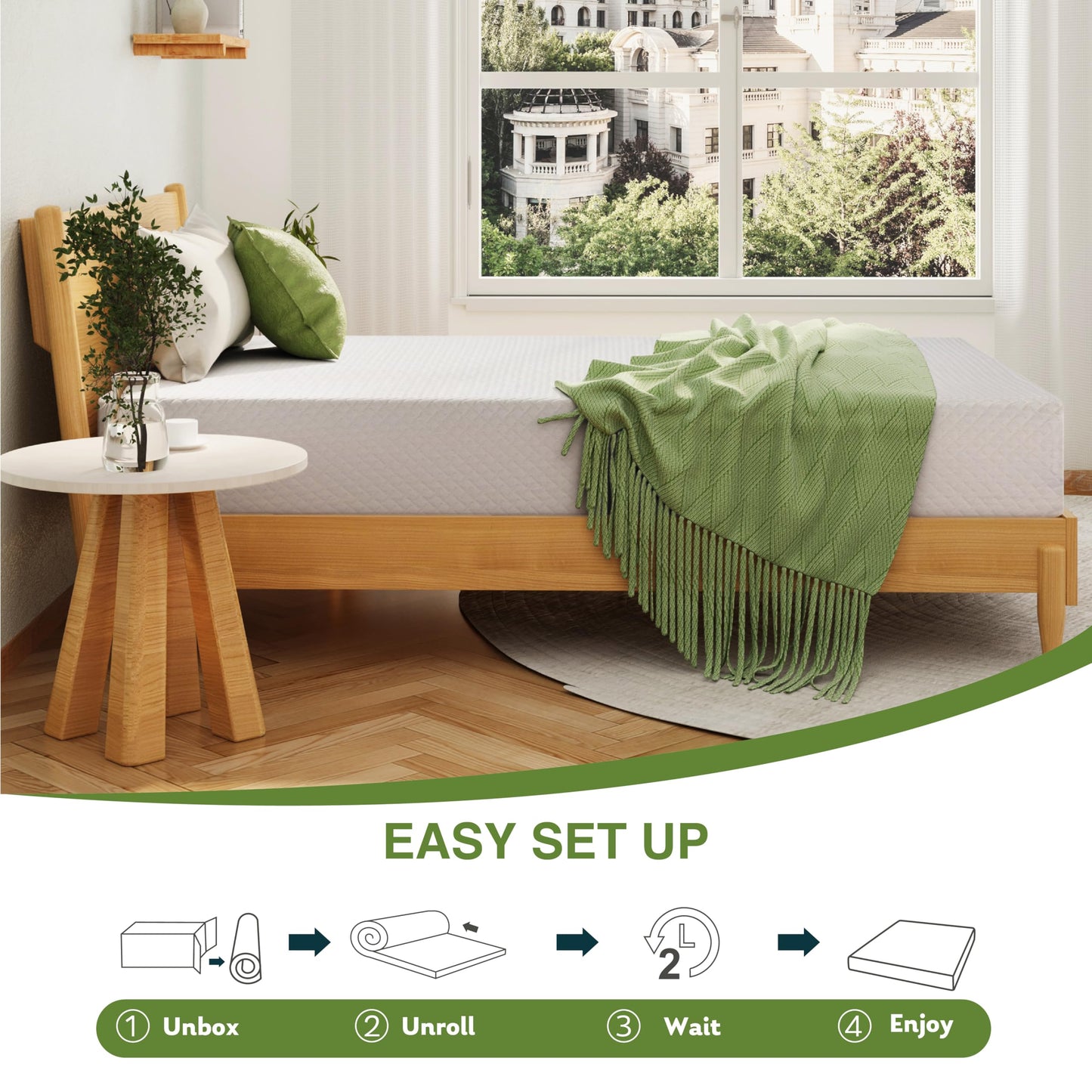 8 Inch Queen Memory Foam Mattress | Medium Firm with Cooling Green Tea Gel | Pressure Relief | CertiPUR-US Certified | White 80"x60"