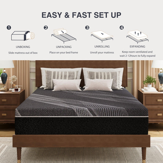 10 Inch Full Size Charcoal Gel Memory Foam Mattress in a Box, Medium Bed, Cooling, CertiPUR-US Certified, Fiberglass-Free, Made in USA, 75" × 54"